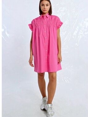 Lili Sidonio Bright Pink Button-Down Smocked Yoke Shirt Dress